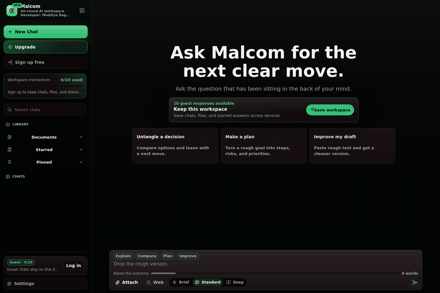 Malcom AI research workspace interface